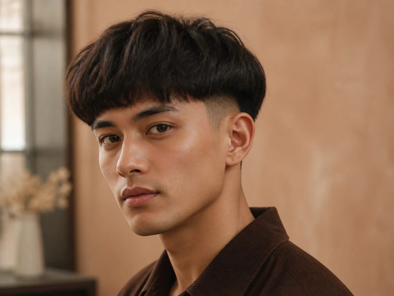 A mushroom-shaped outline on short thick hair