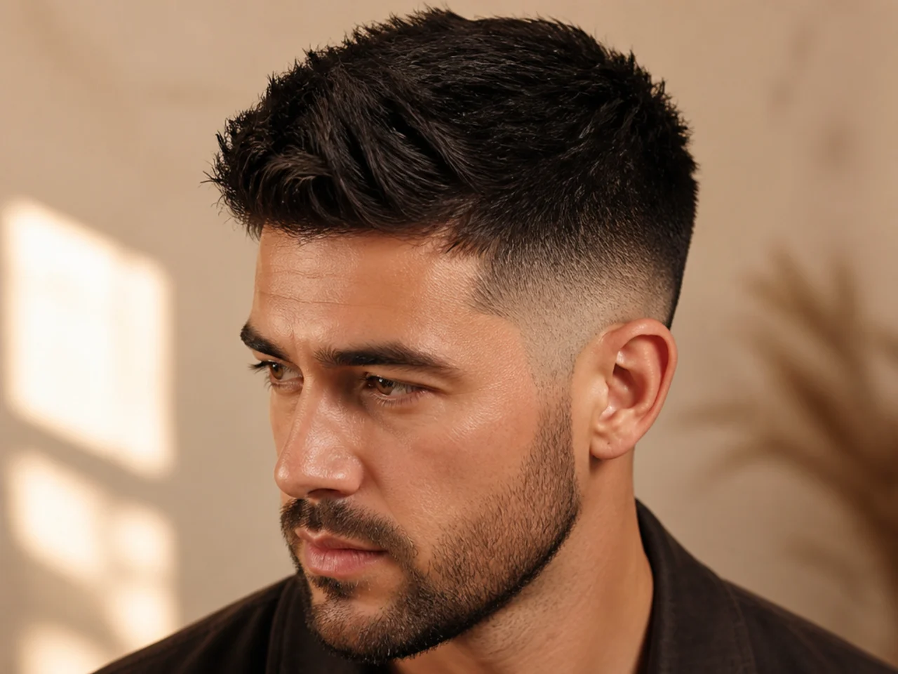 Three-quarter view of a short haircut on thick hair