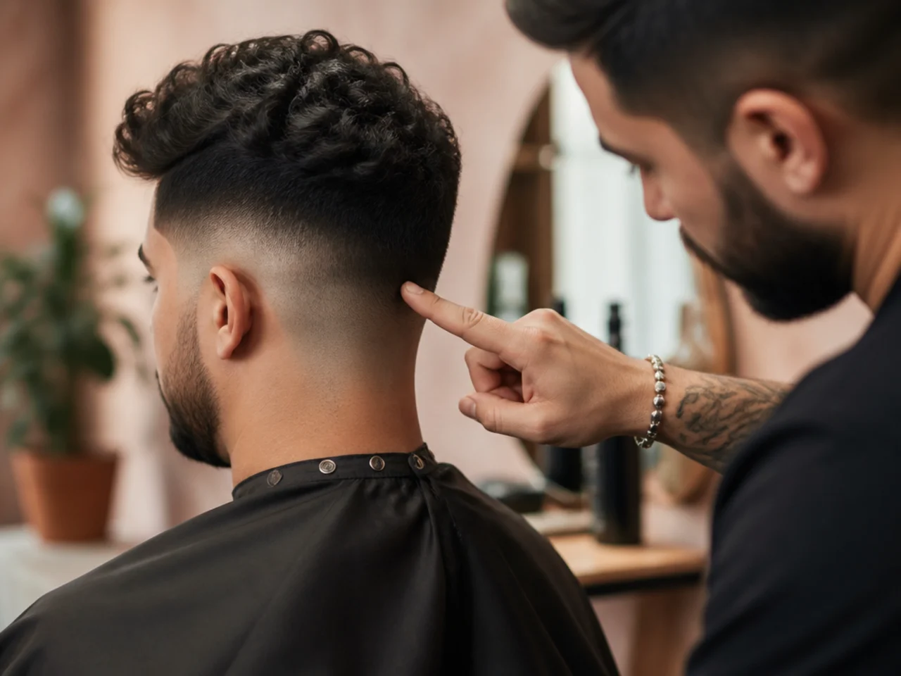 A barber checking the outline of a short thick haircut from the side