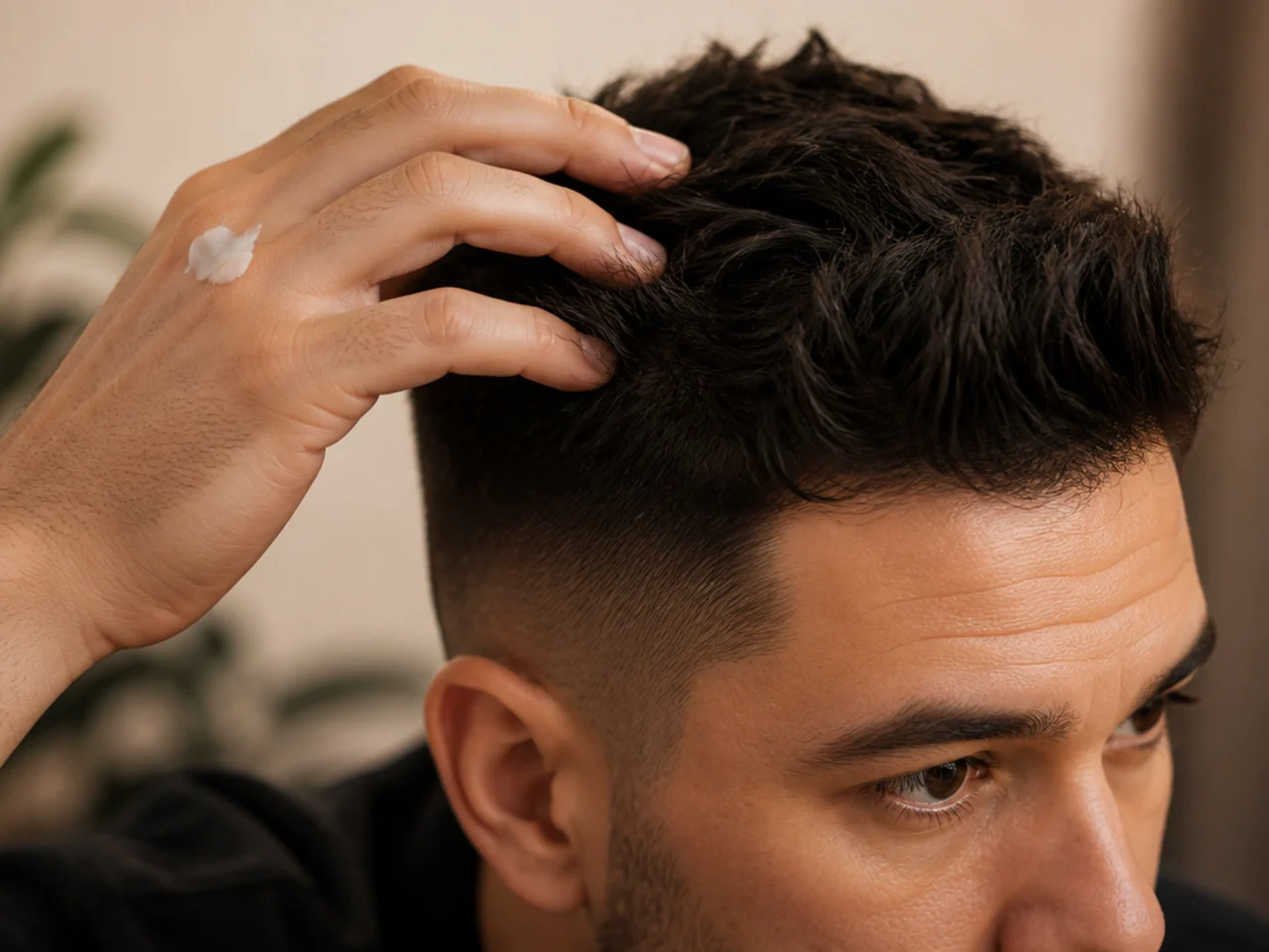 Matte product being worked through short thick hair