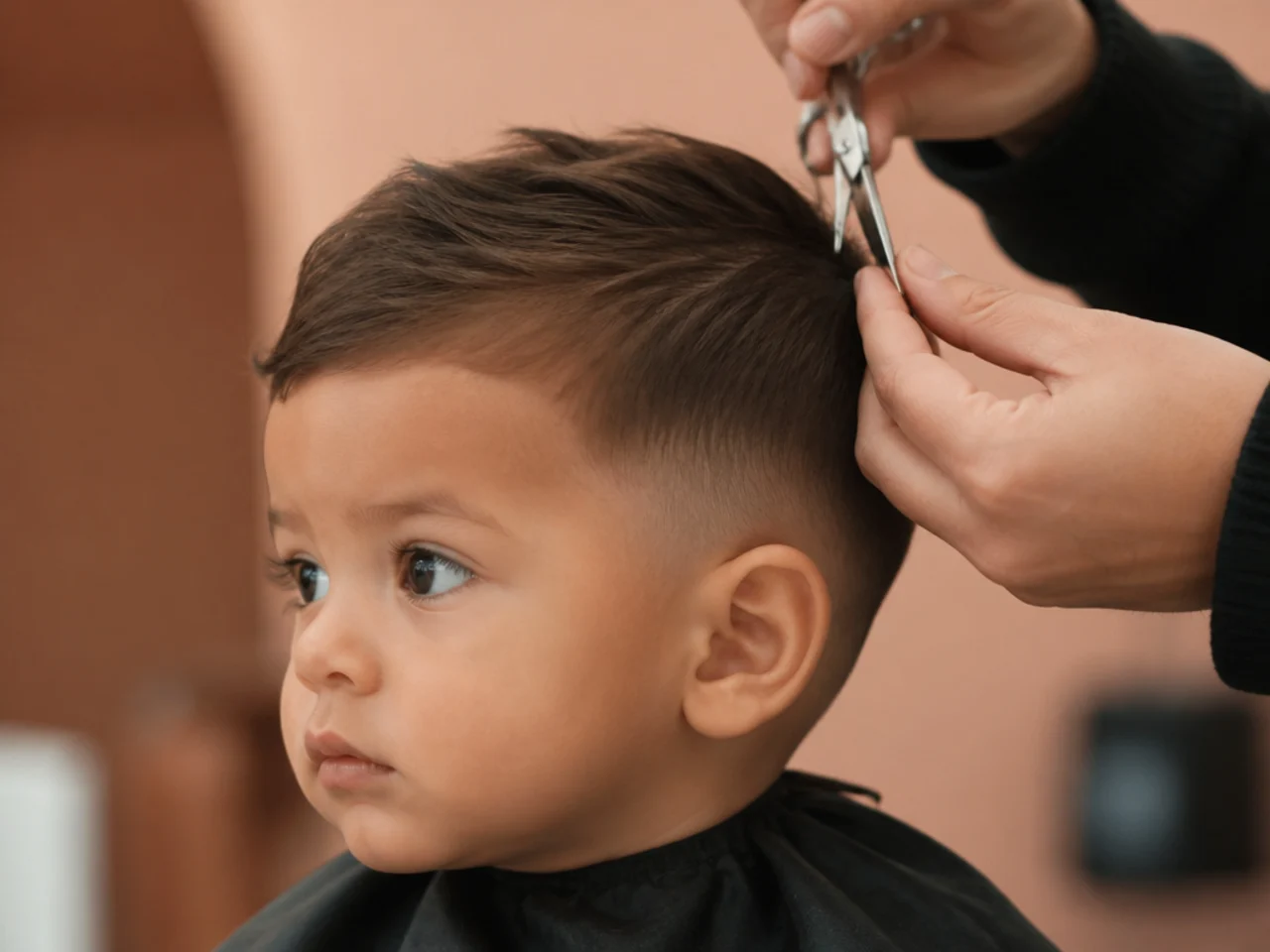 A toddler having a quick scissor trim