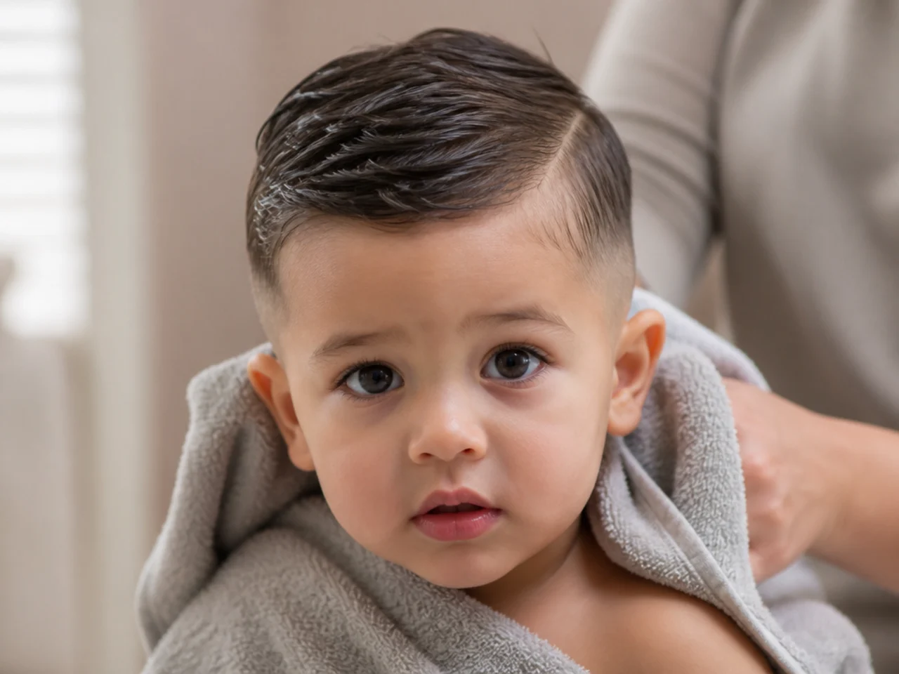 A toddler with short hair being towelled after a bath
