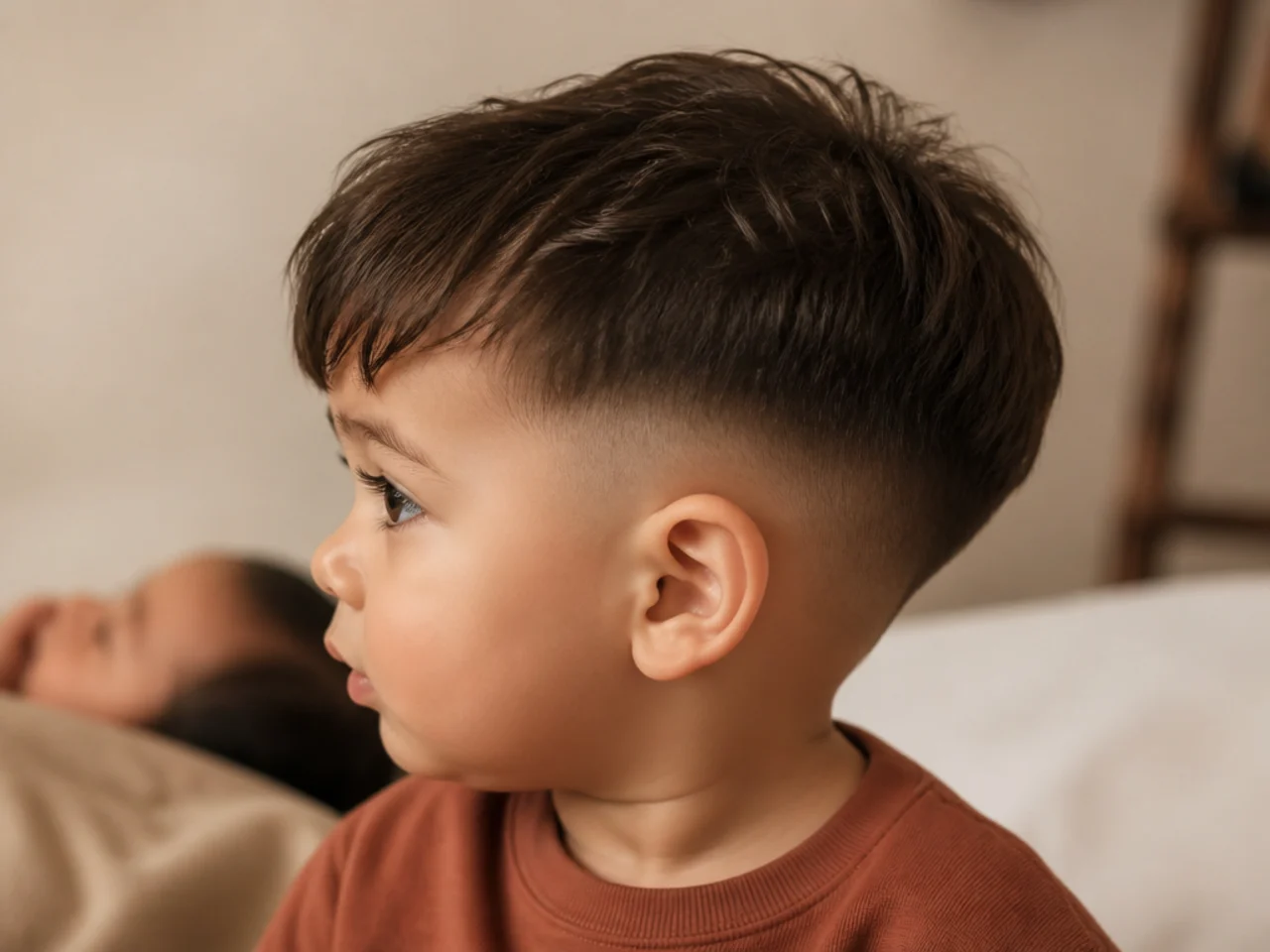 A toddler with longer hair and a trimmed fringe