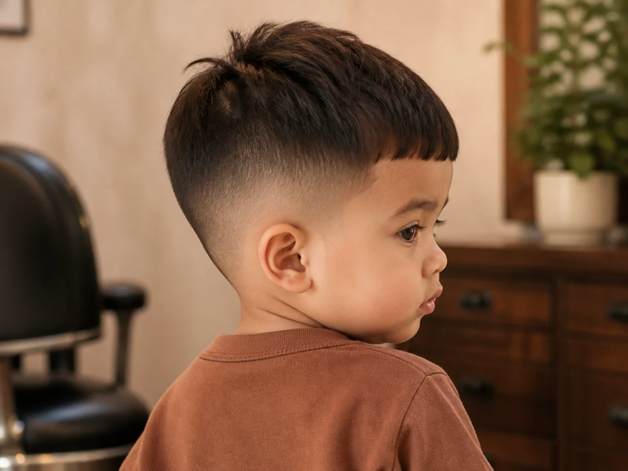 A toddler with a short fringe cut above the brow