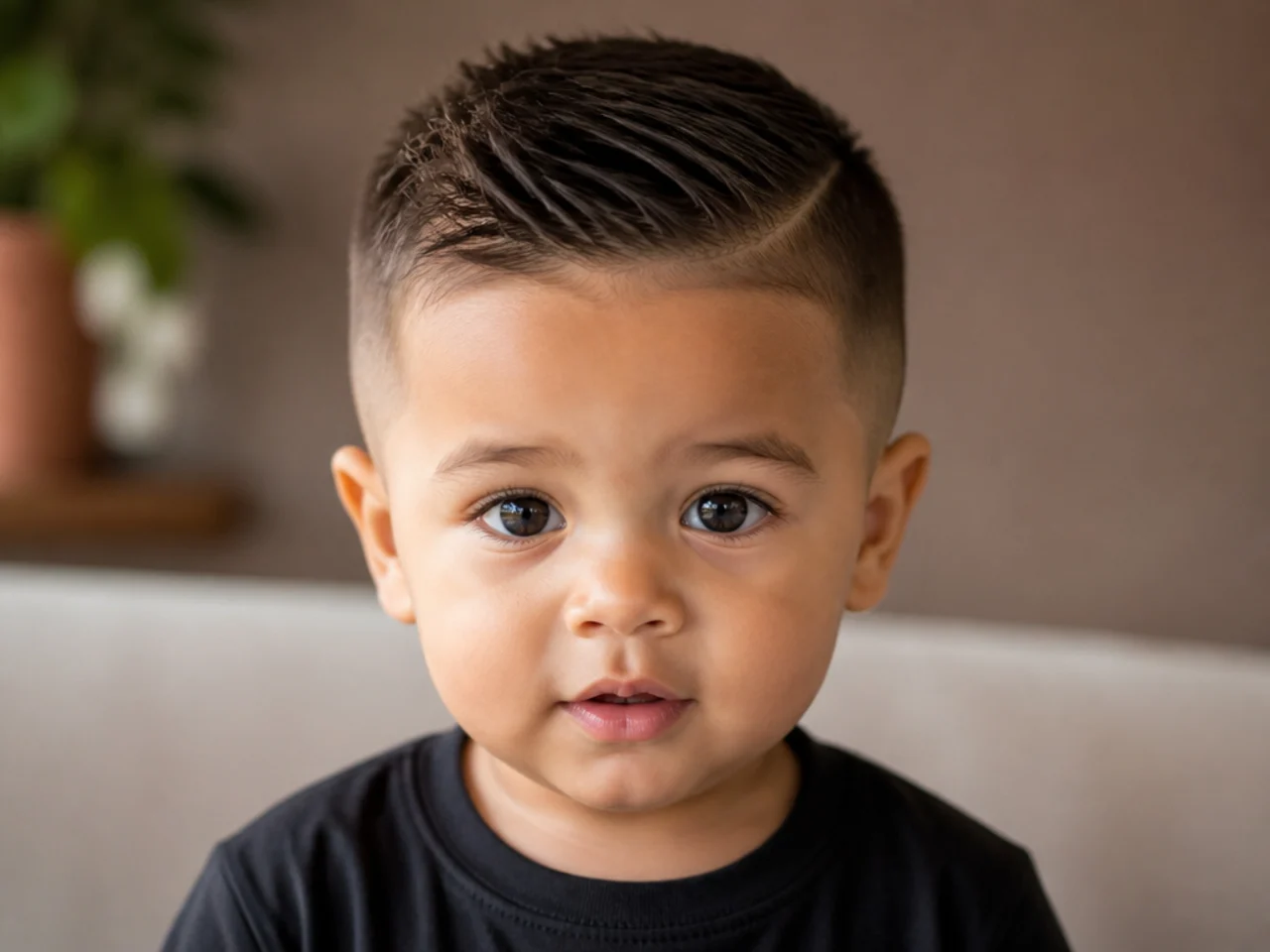 A toddler with a short tapered haircut