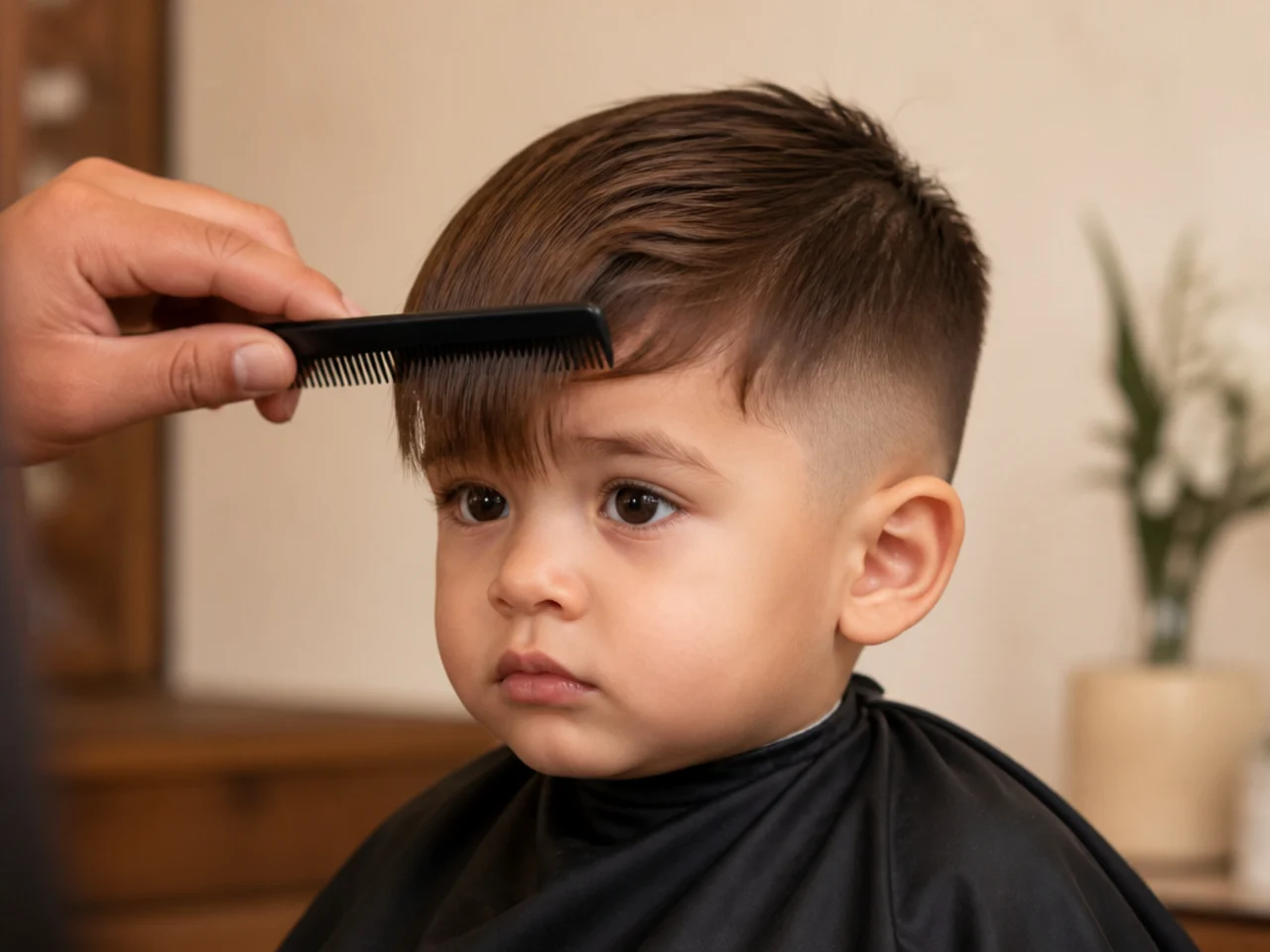 A toddler's fringe being combed clear of his eyes