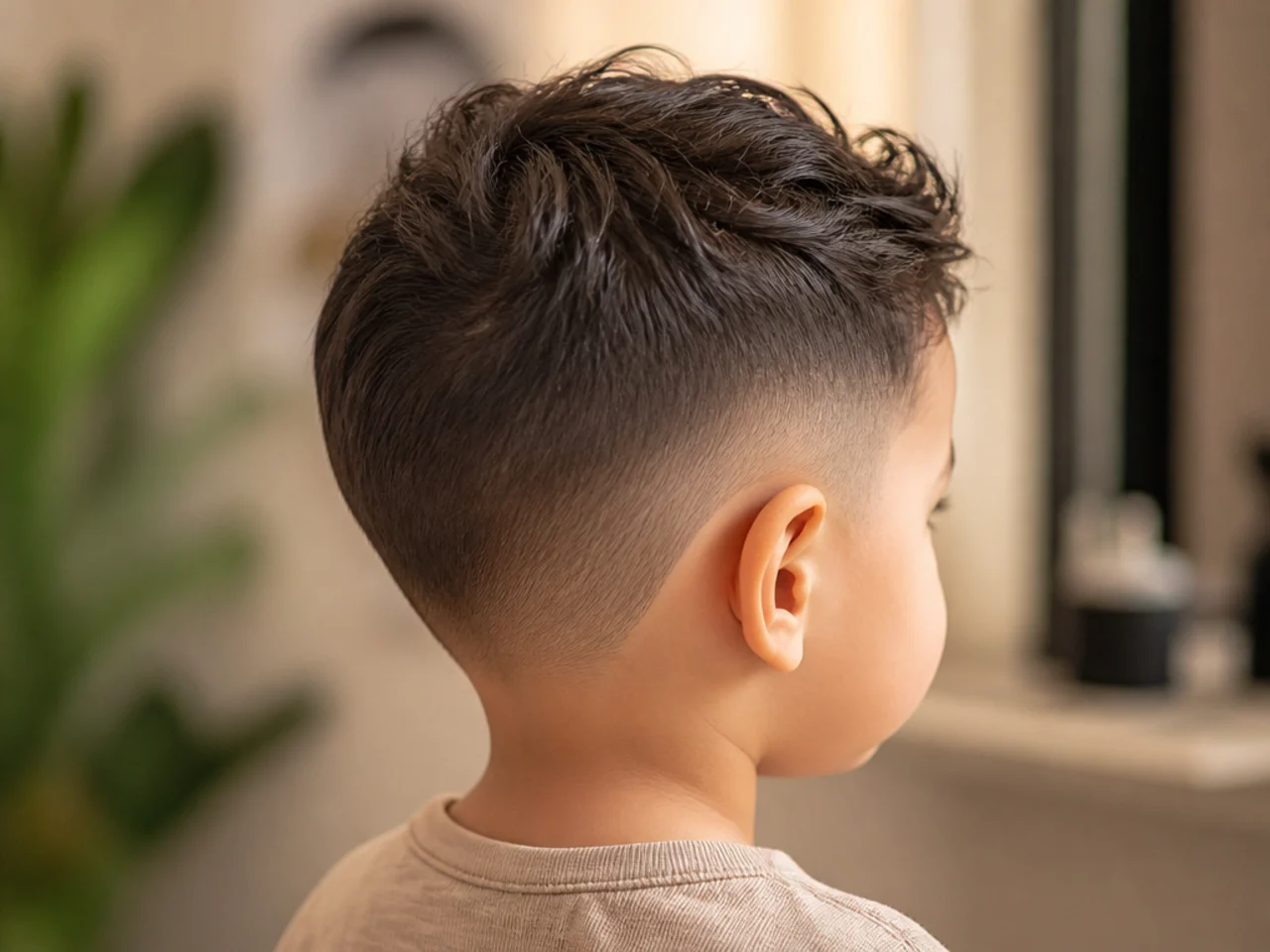 A toddler with short sides and a longer top in summer