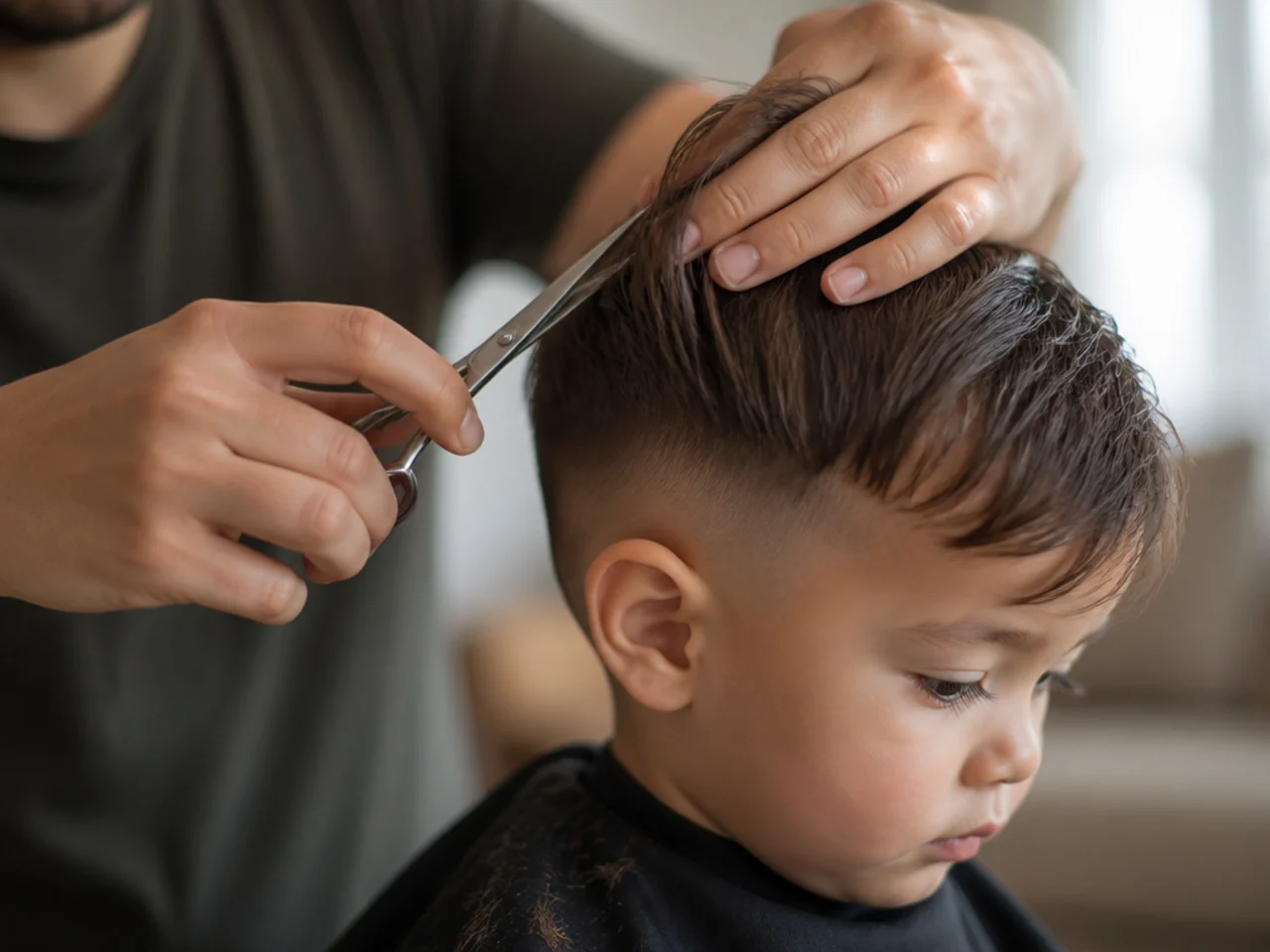 A toddler having his hair trimmed with scissors at home