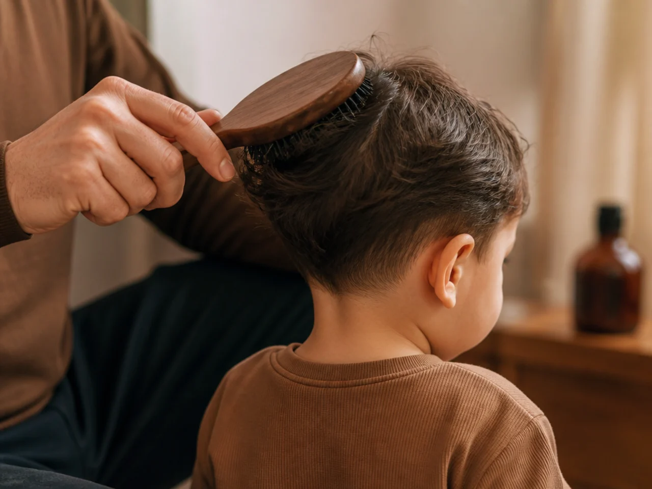 A parent brushing a toddler's longer hair