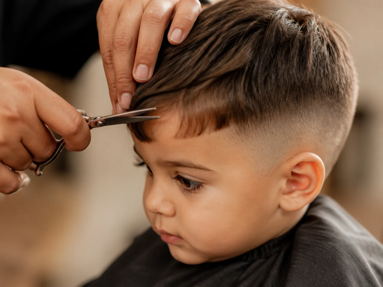 A toddler's fringe being trimmed with scissors