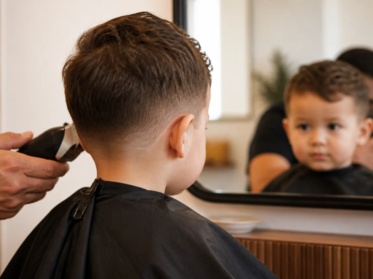A toddler watching his own haircut in a mirror