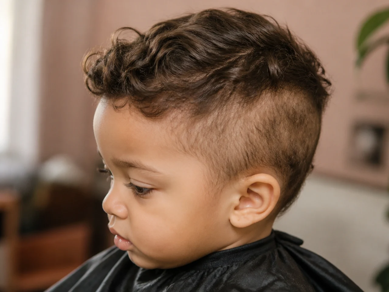 A toddler with the top of his hair cut and the sides not yet done