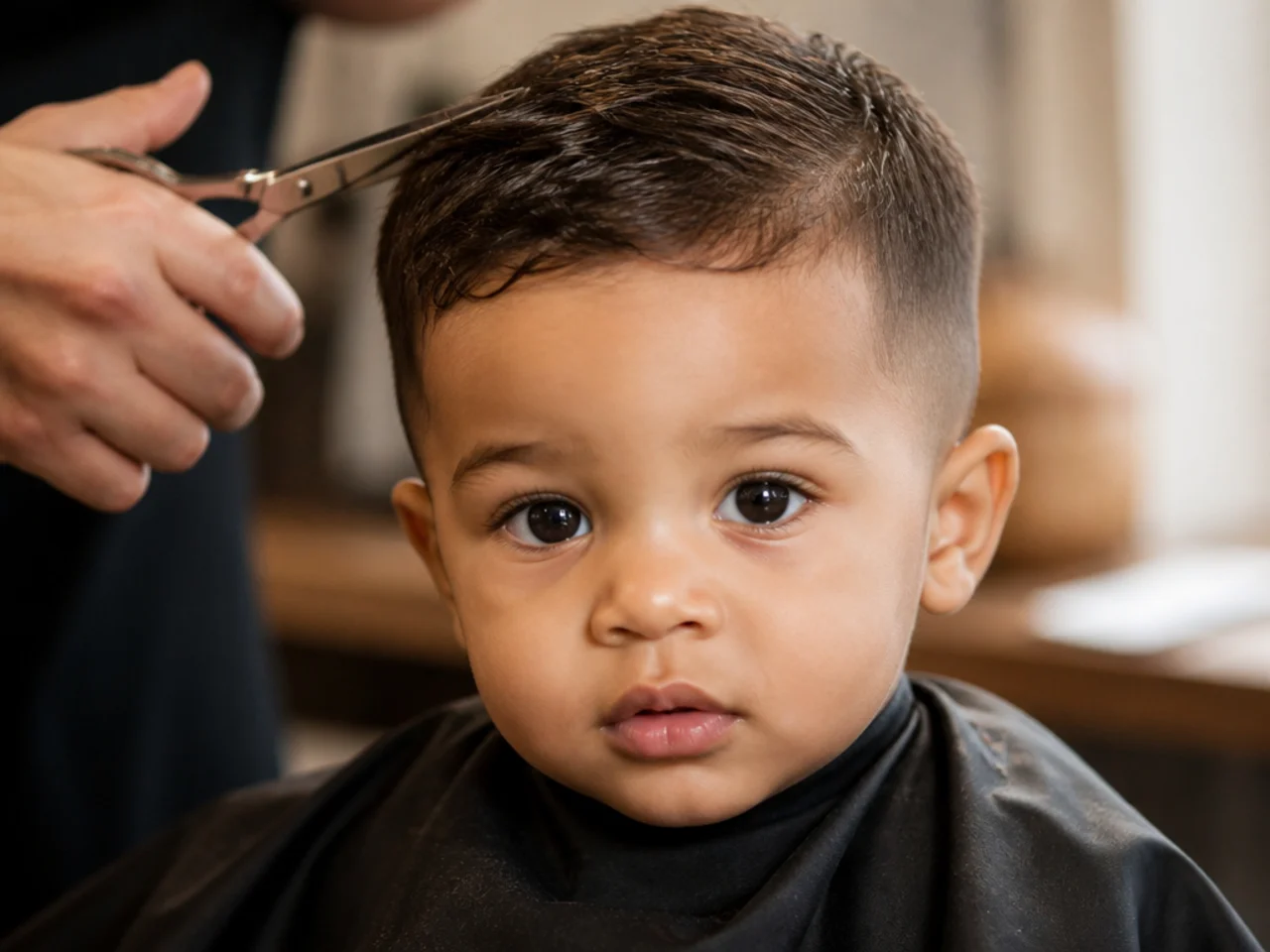 A calm toddler having his hair cut shortly after waking