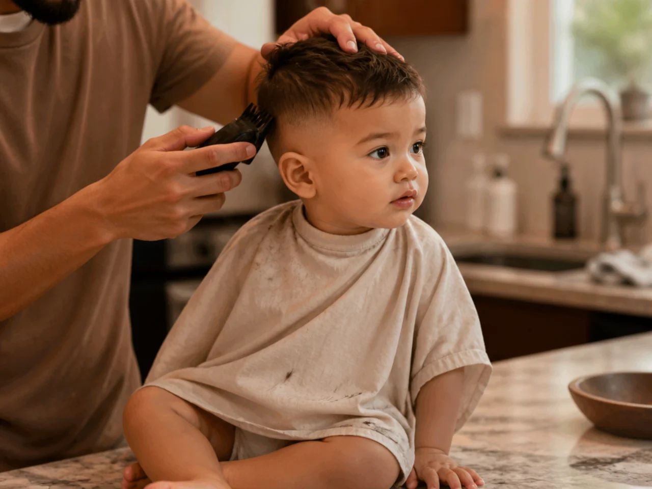 A toddler sitting on a kitchen counter during a haircut