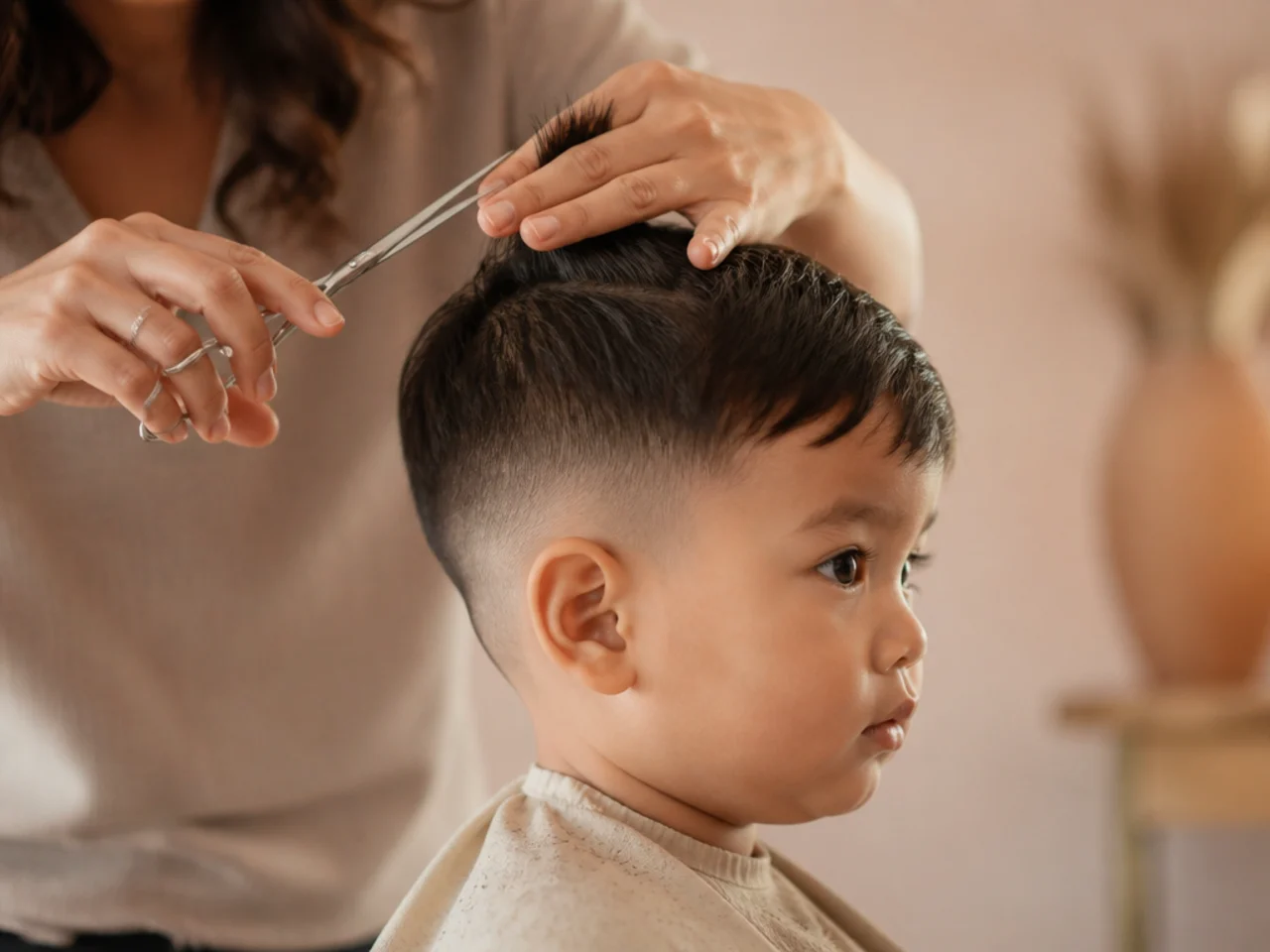 A toddler having his hair cut with scissors over fingers