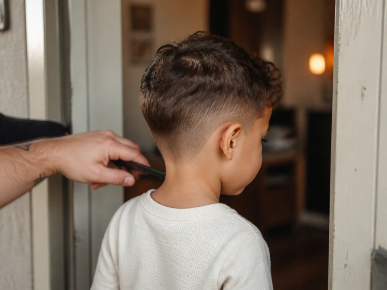 A toddler standing in a doorway having a quick trim