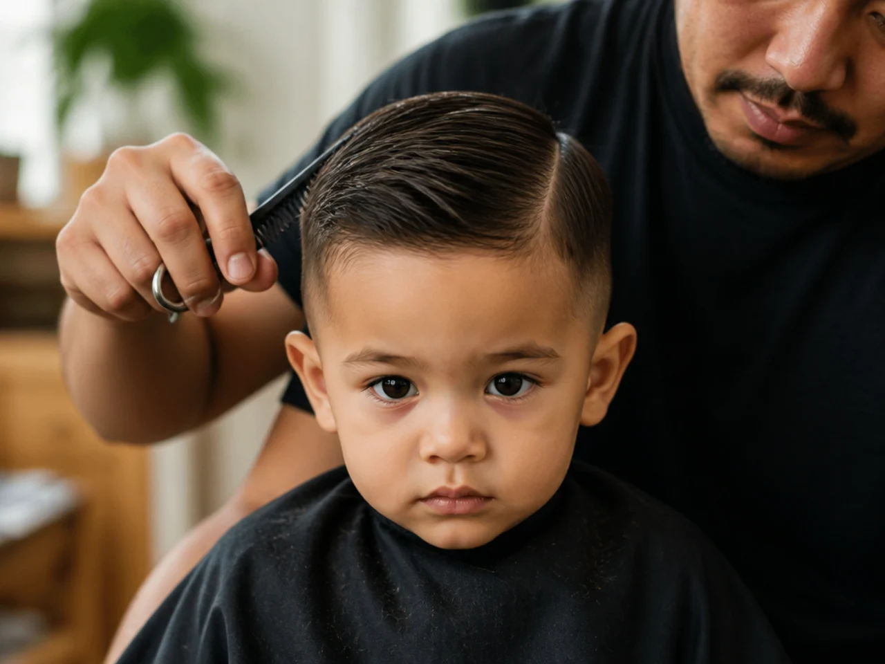 A toddler sitting on a parent's lap facing away during a haircut