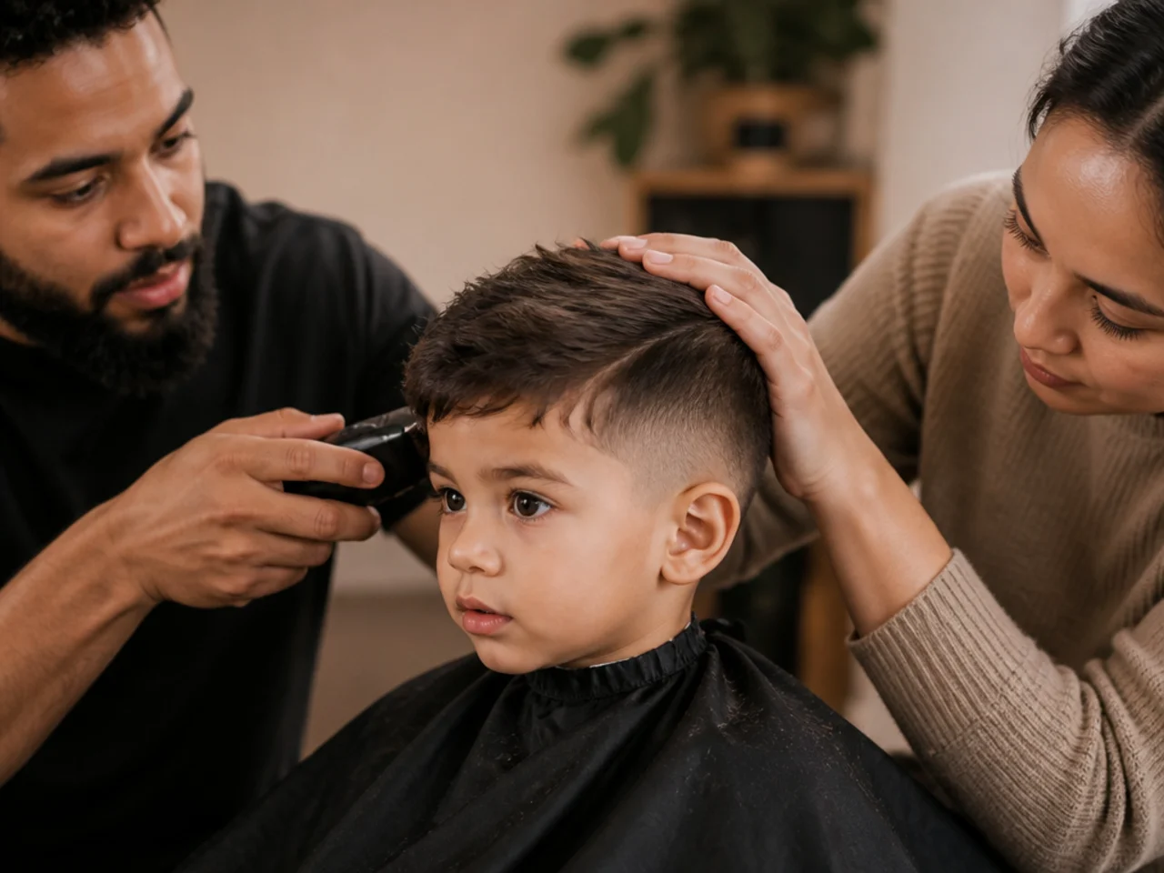 Two adults cutting a toddler's hair together, one steadying his head