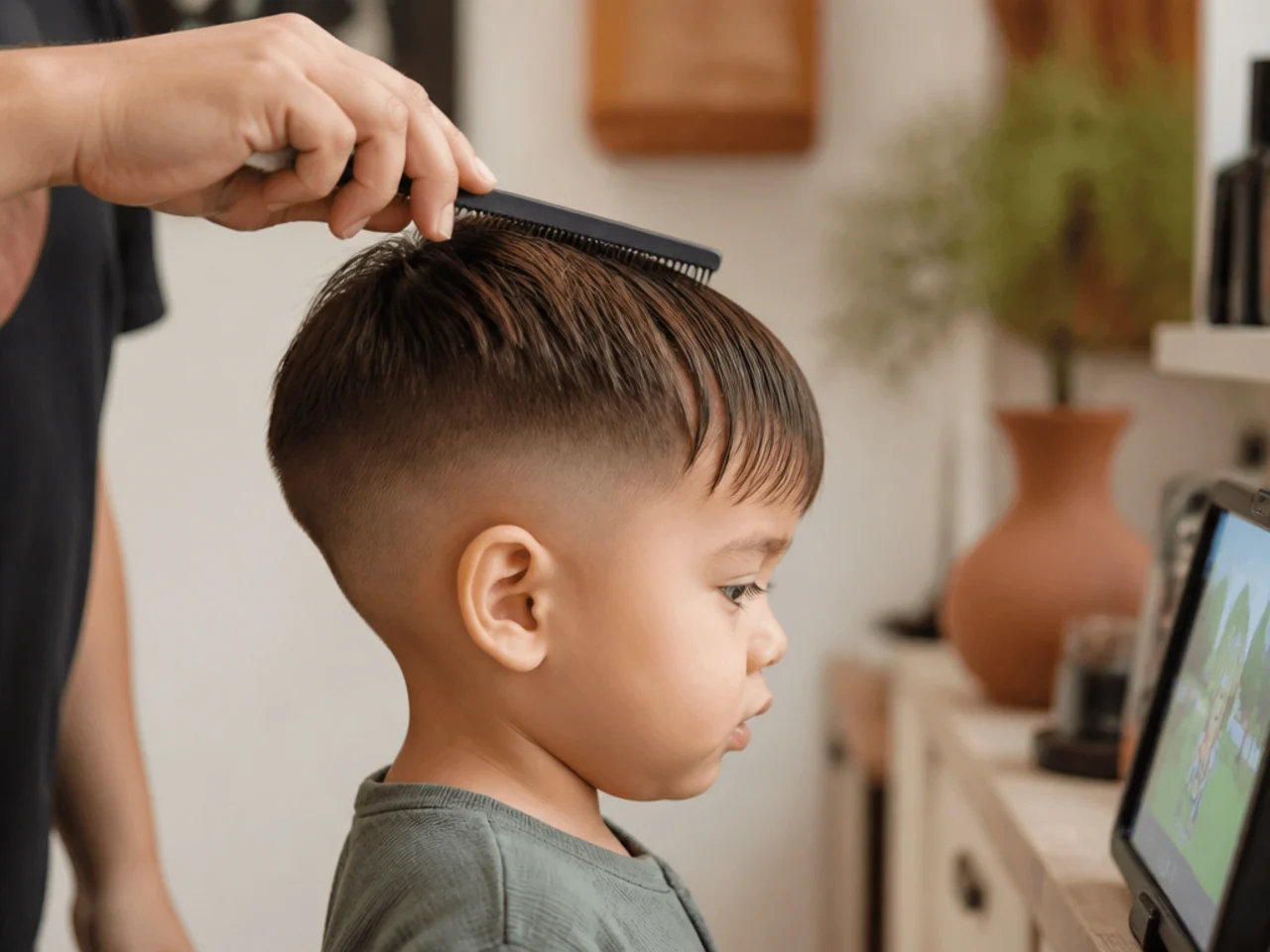 A toddler watching a screen while his fringe is combed down