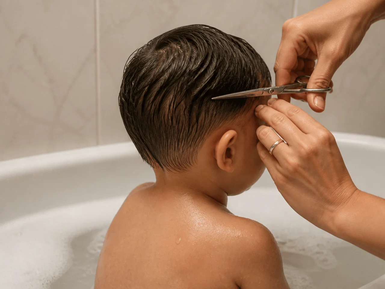 A toddler in the bath having his wet hair trimmed with scissors