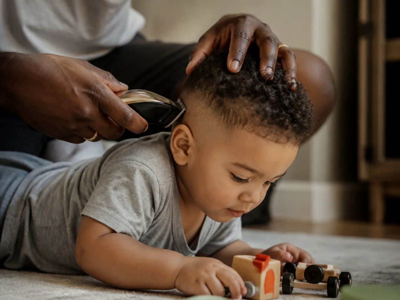 A parent trimming a toddler's hair while he plays on the floor