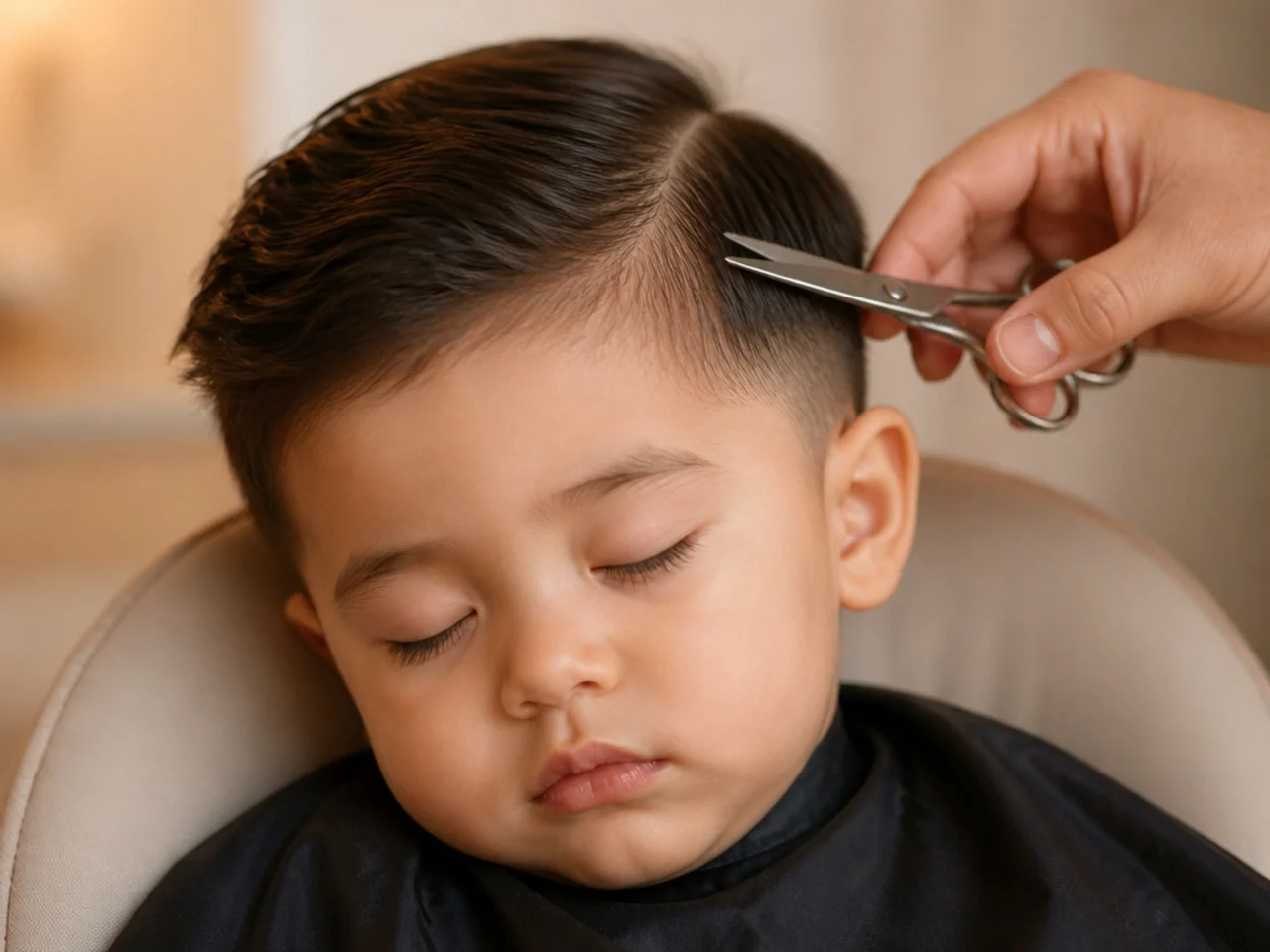 A sleeping toddler having a small section of hair trimmed