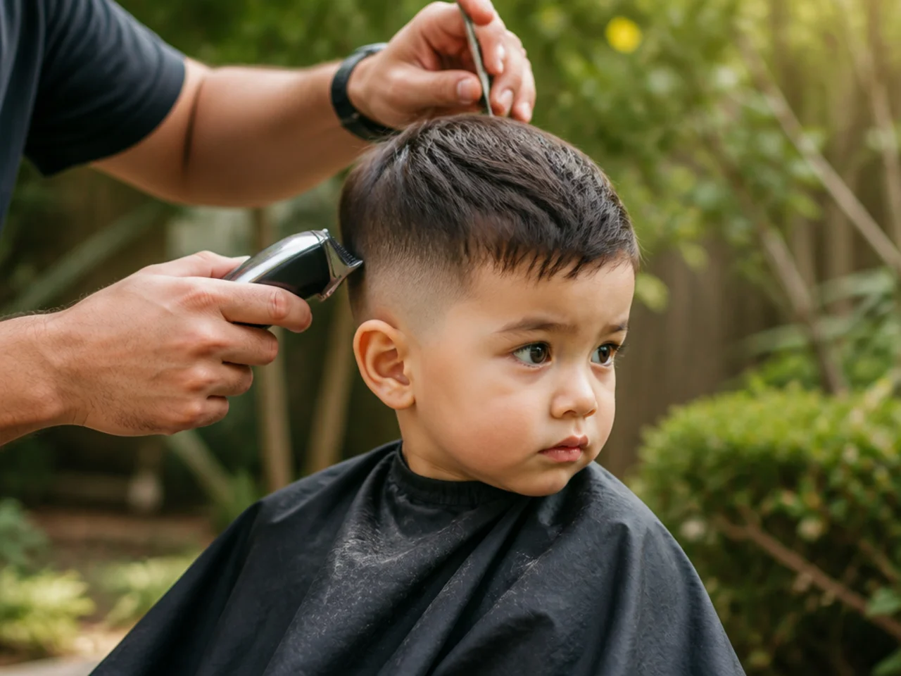 A toddler having his hair cut outside in a garden