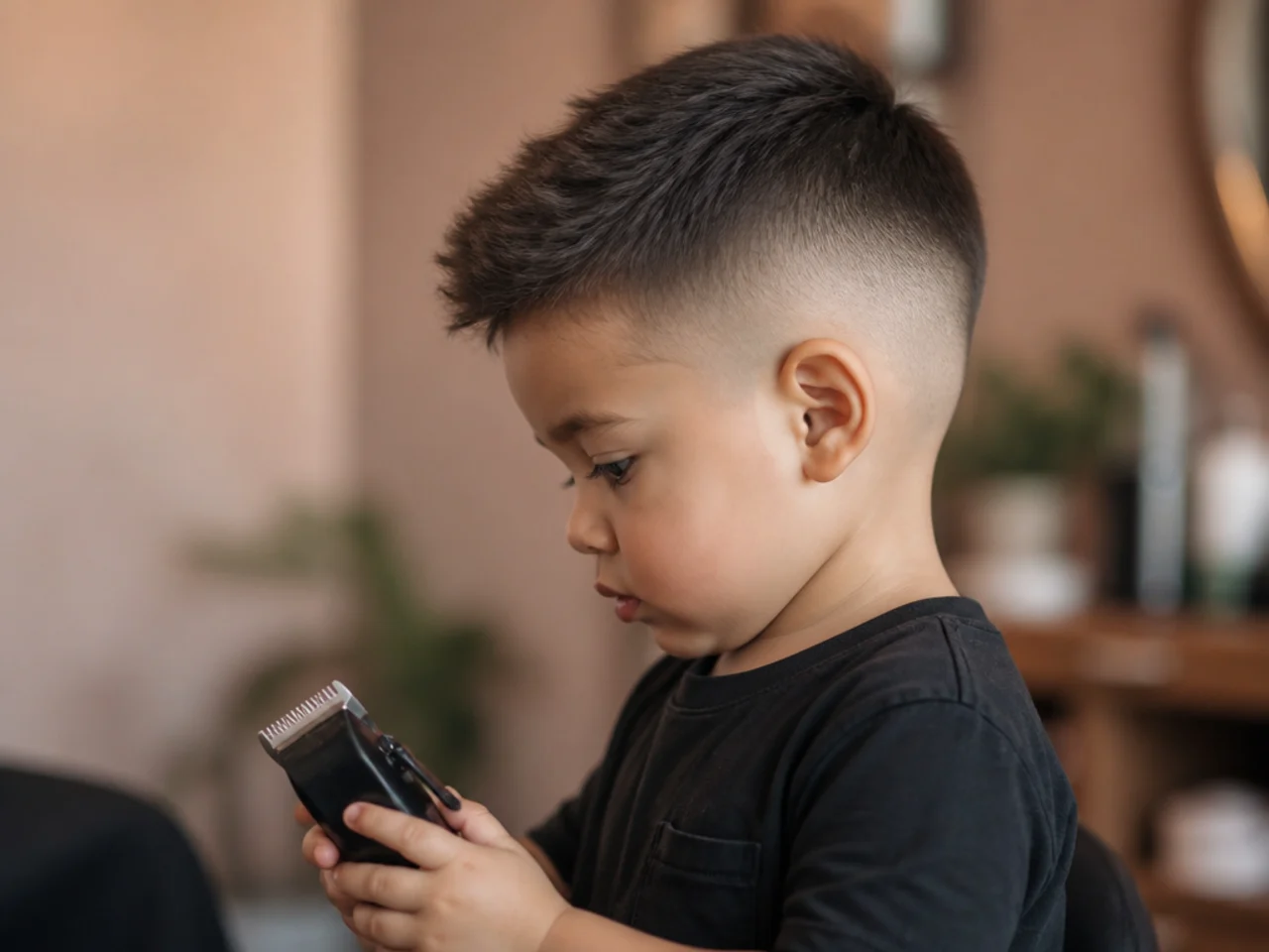 A toddler holding a switched-off hair clipper