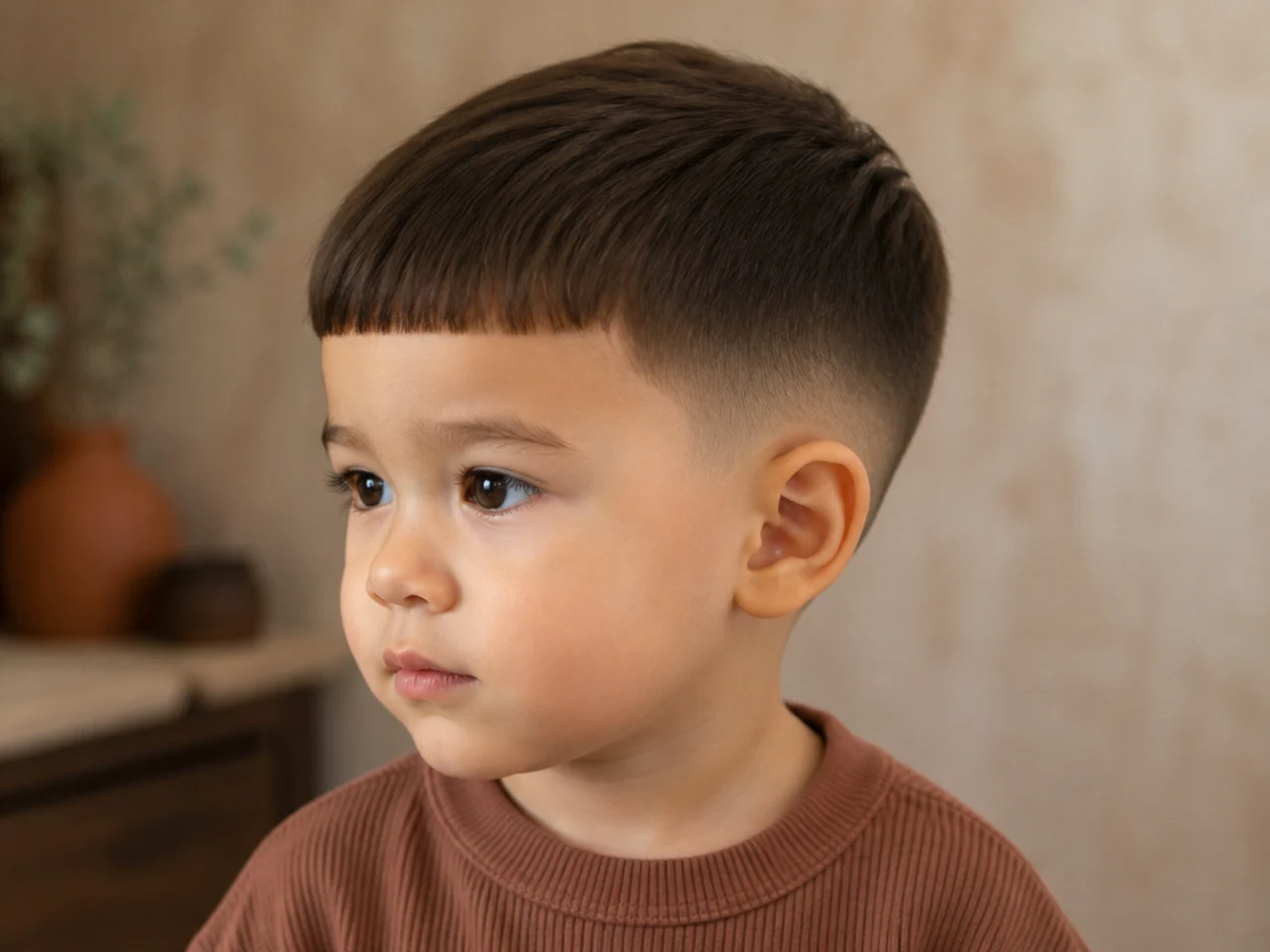A finished toddler haircut with a blunt fringe