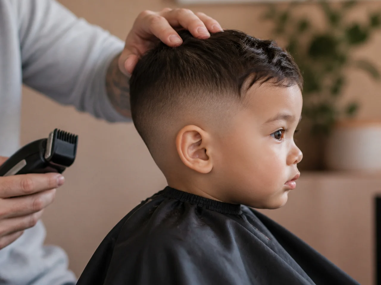 A parent pausing partway through cutting a toddler's hair