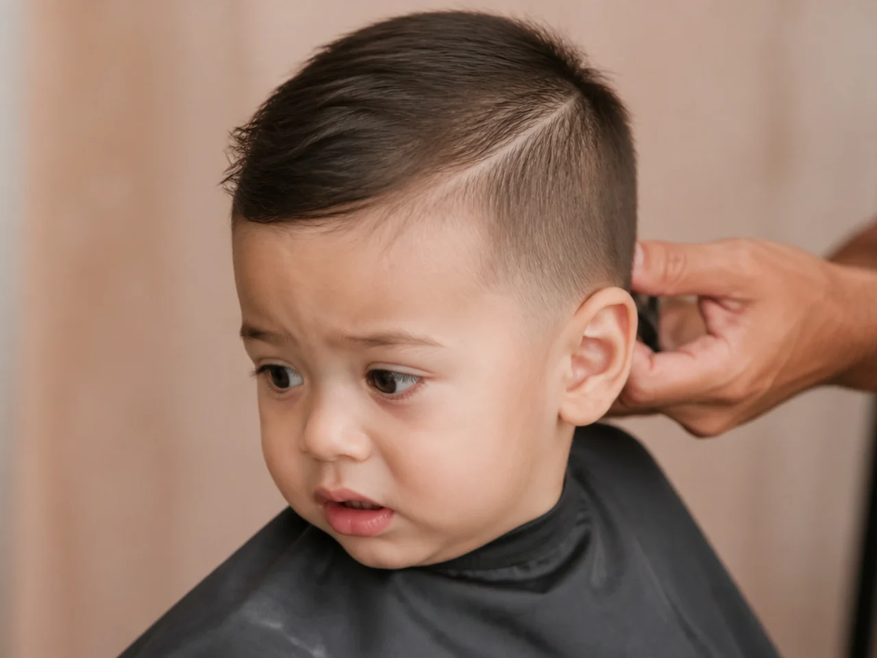 A toddler turning away mid-haircut