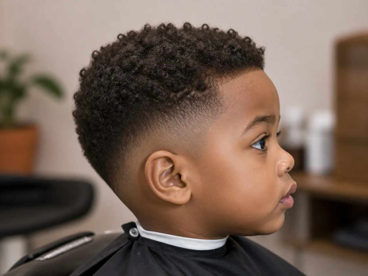A toddler with coily hair trimmed at the ends only