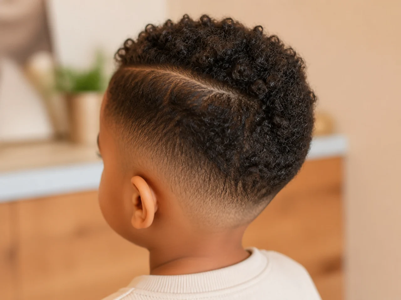 A toddler with a parting combed into coily hair
