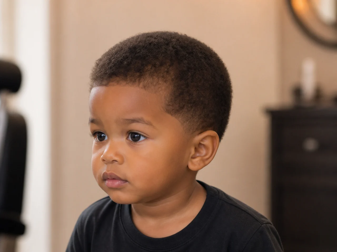 A toddler with a number three cut on dry coily hair