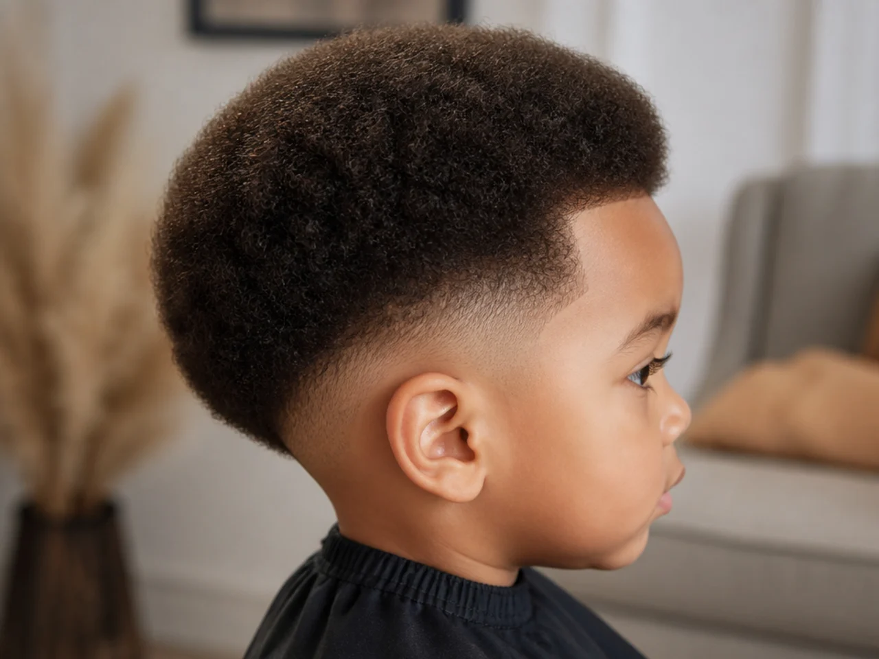 A toddler with a rounded afro and a soft perimeter