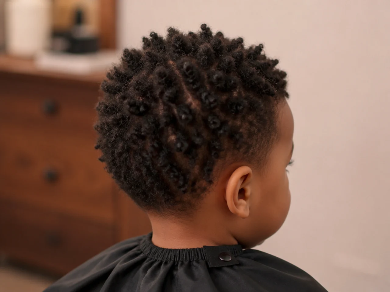 A toddler with sponge-twisted coils