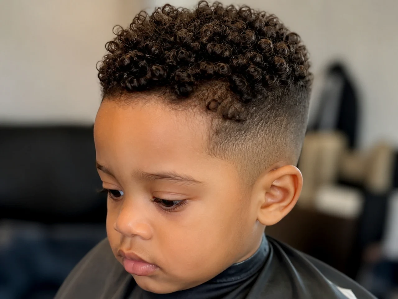 A toddler with front coils trimmed away from the eyes