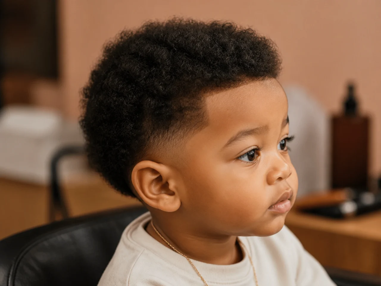 Side view of a toddler with a short afro and a natural hairline