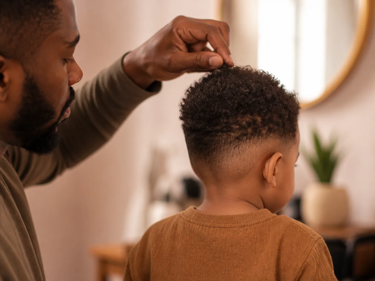 A parent checking the dry length of a toddler's coily hair