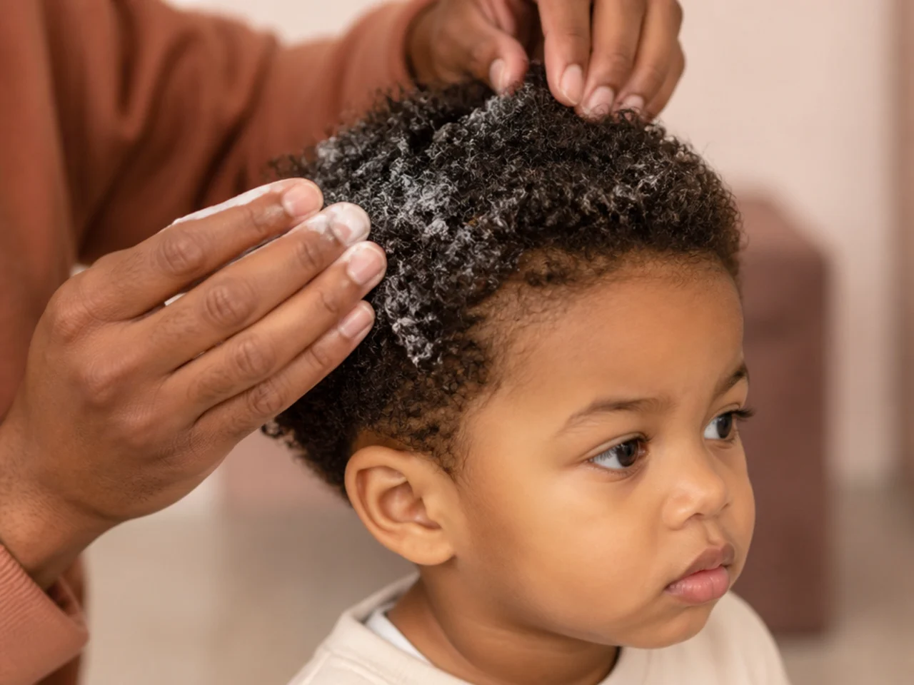 A parent applying leave-in conditioner to a toddler's coils