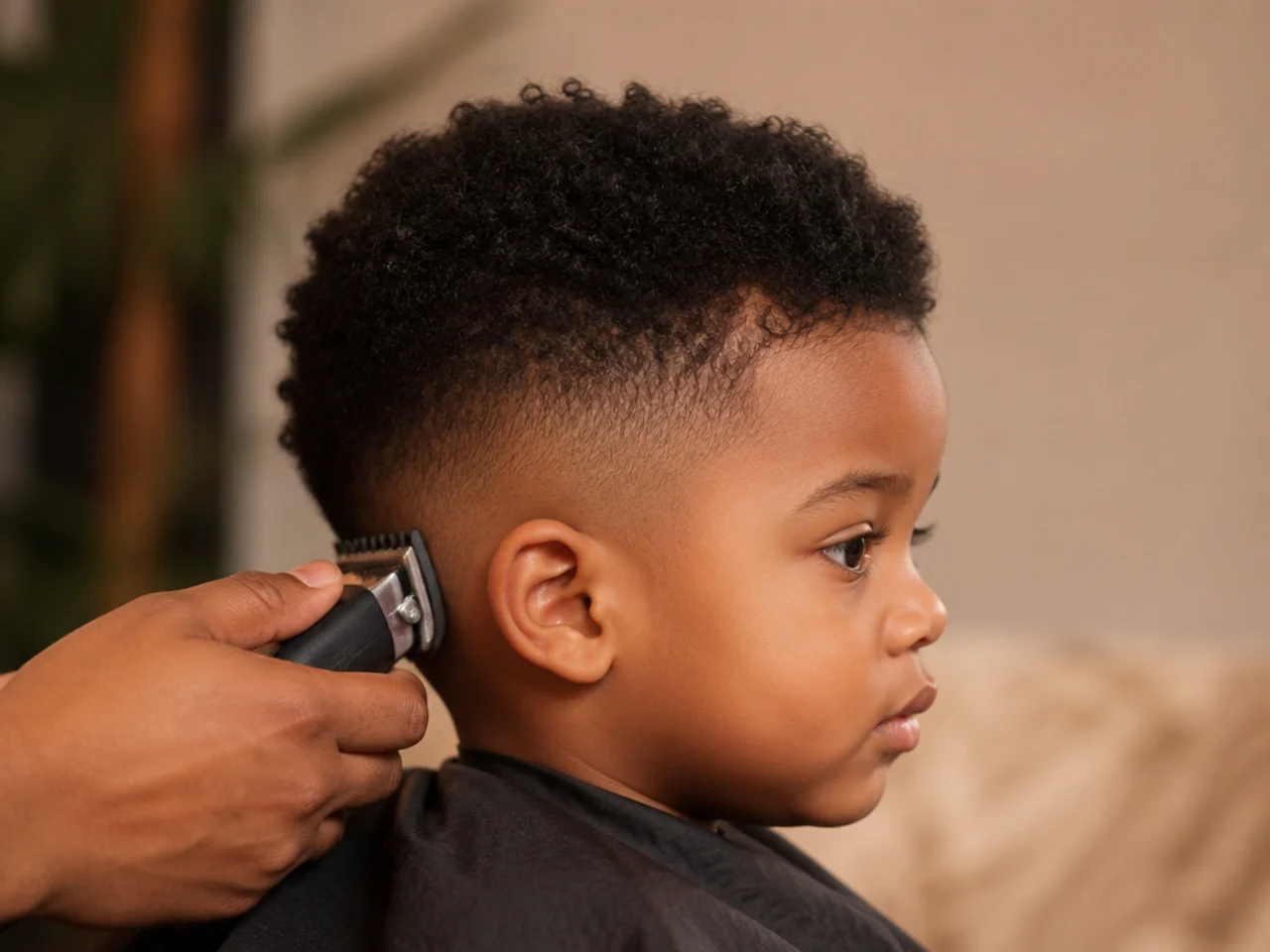 Close view of a toddler's tightly coiled hair being trimmed dry