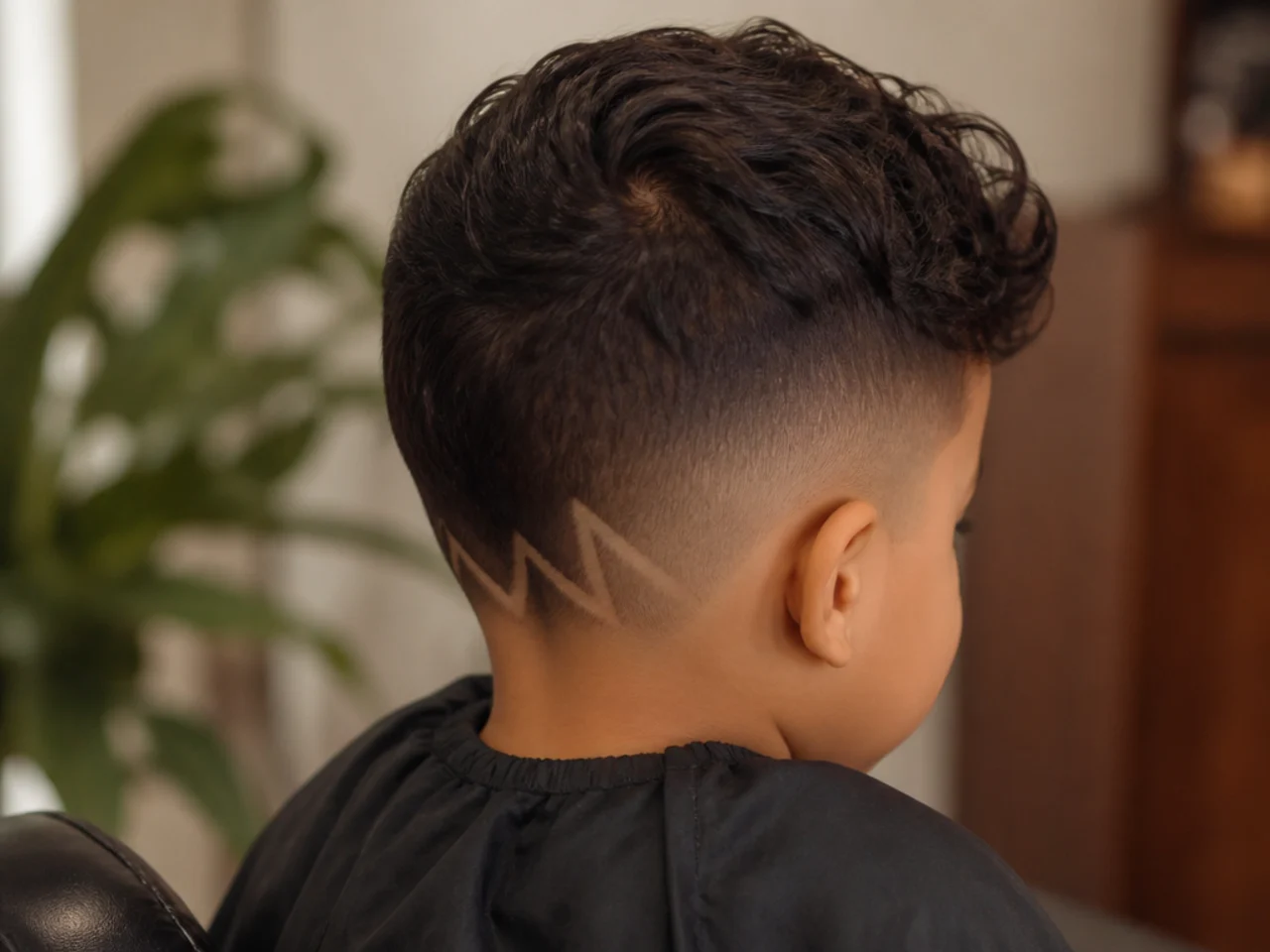 A toddler haircut with a zigzag line along the neckline