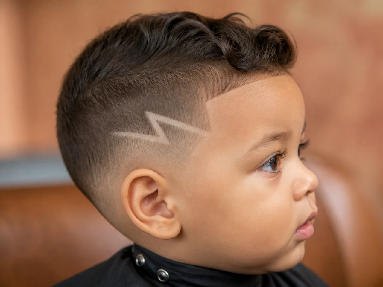 A toddler haircut with a lightning bolt design above the ear