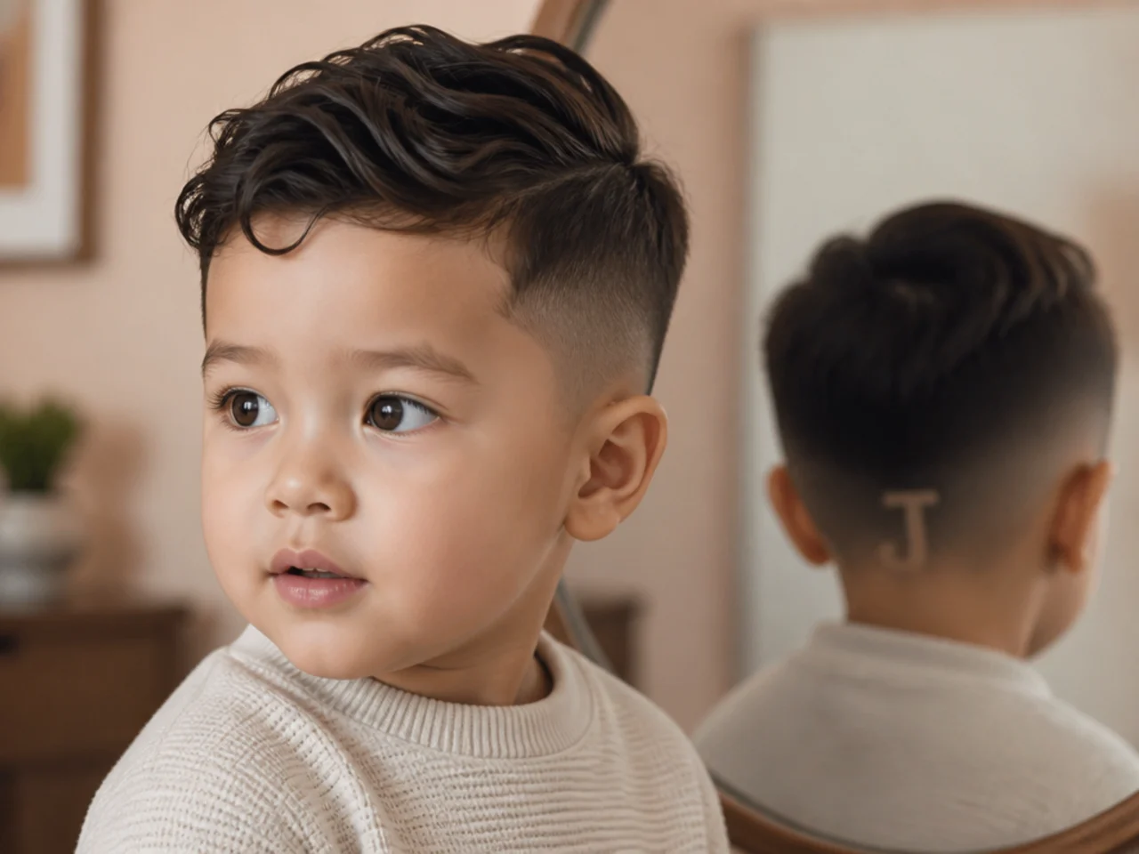 A toddler haircut with a single letter shaved at the nape