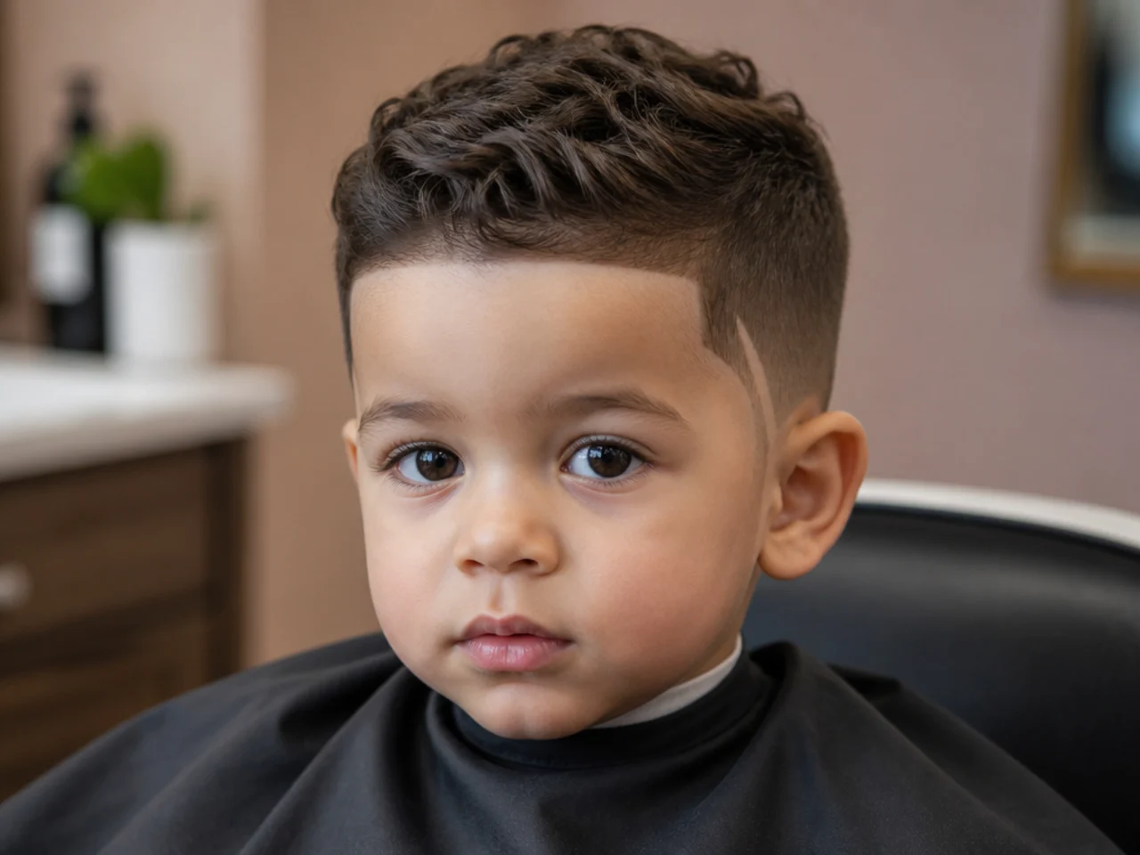 A toddler haircut with a short vertical line through the sideburn