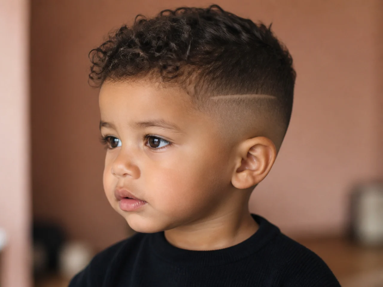 A toddler with a single straight shaved line above the ear