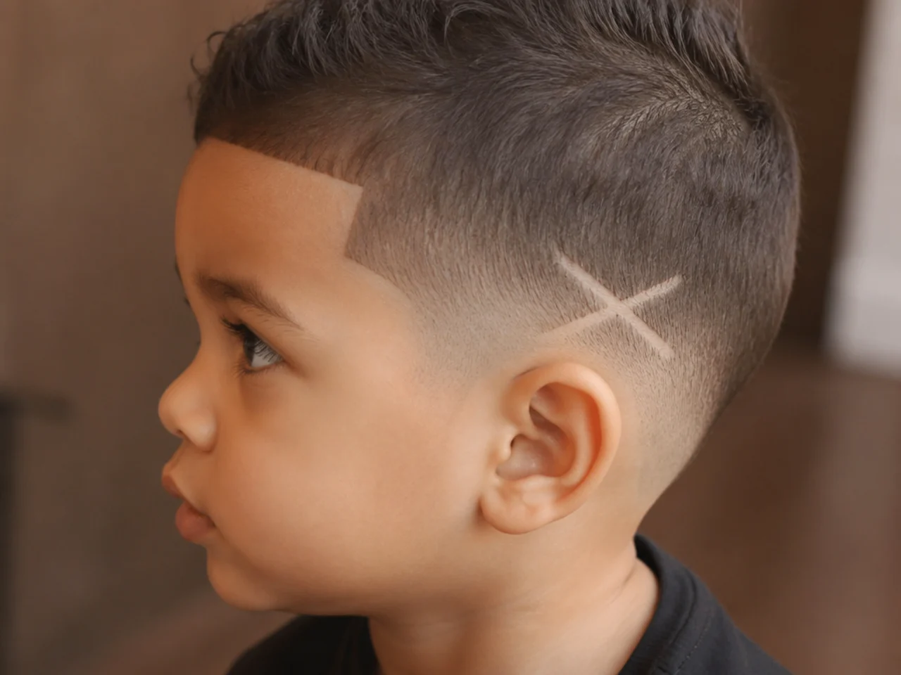 A toddler haircut with two short lines crossing above the ear