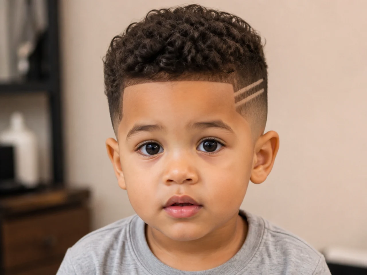 A toddler haircut with two parallel shaved lines above the ear