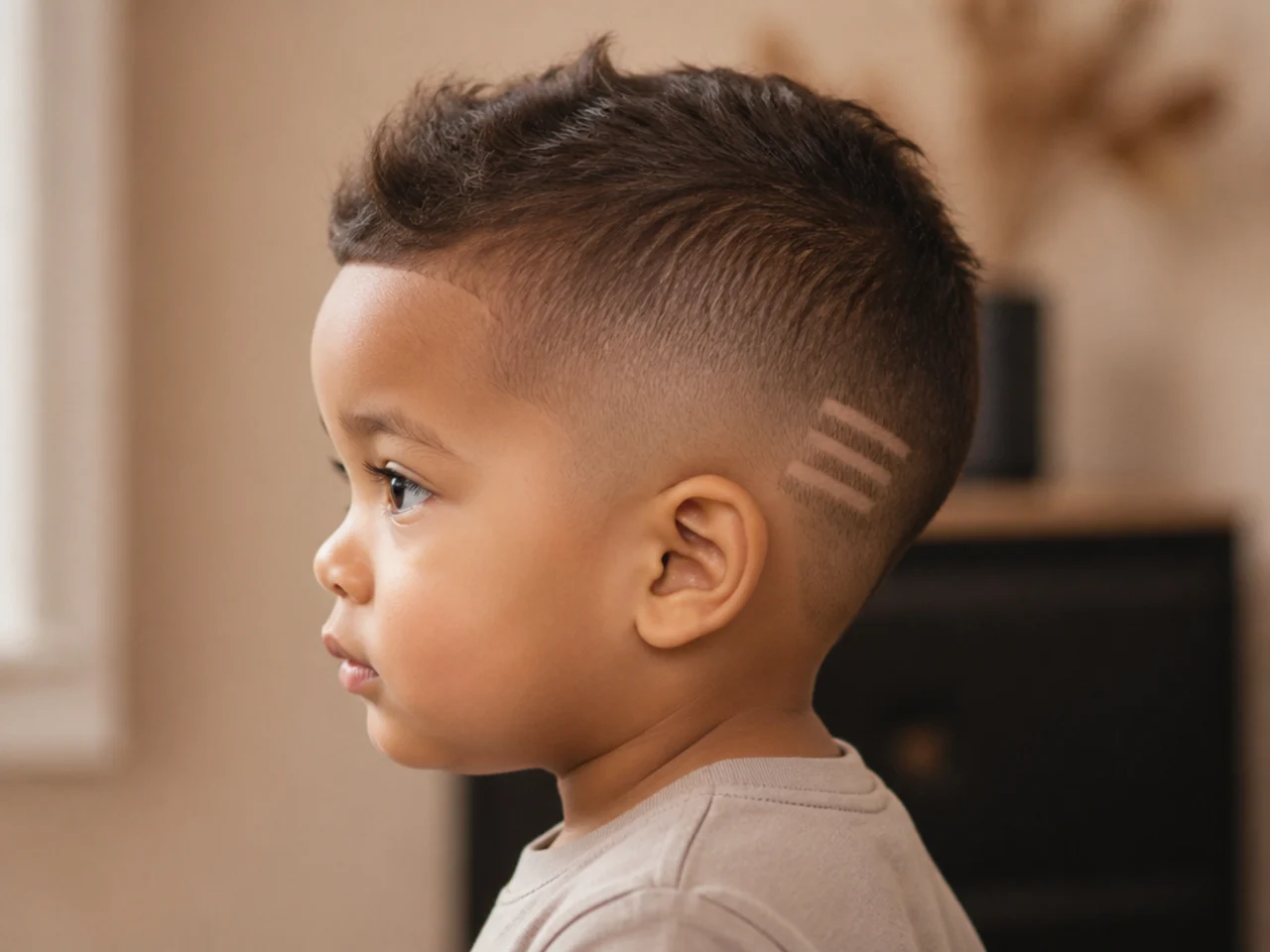 A toddler haircut with three short shaved bars behind the ear