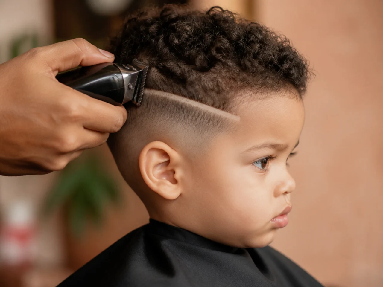 A trimmer cutting a short line into a toddler's hair above the ear